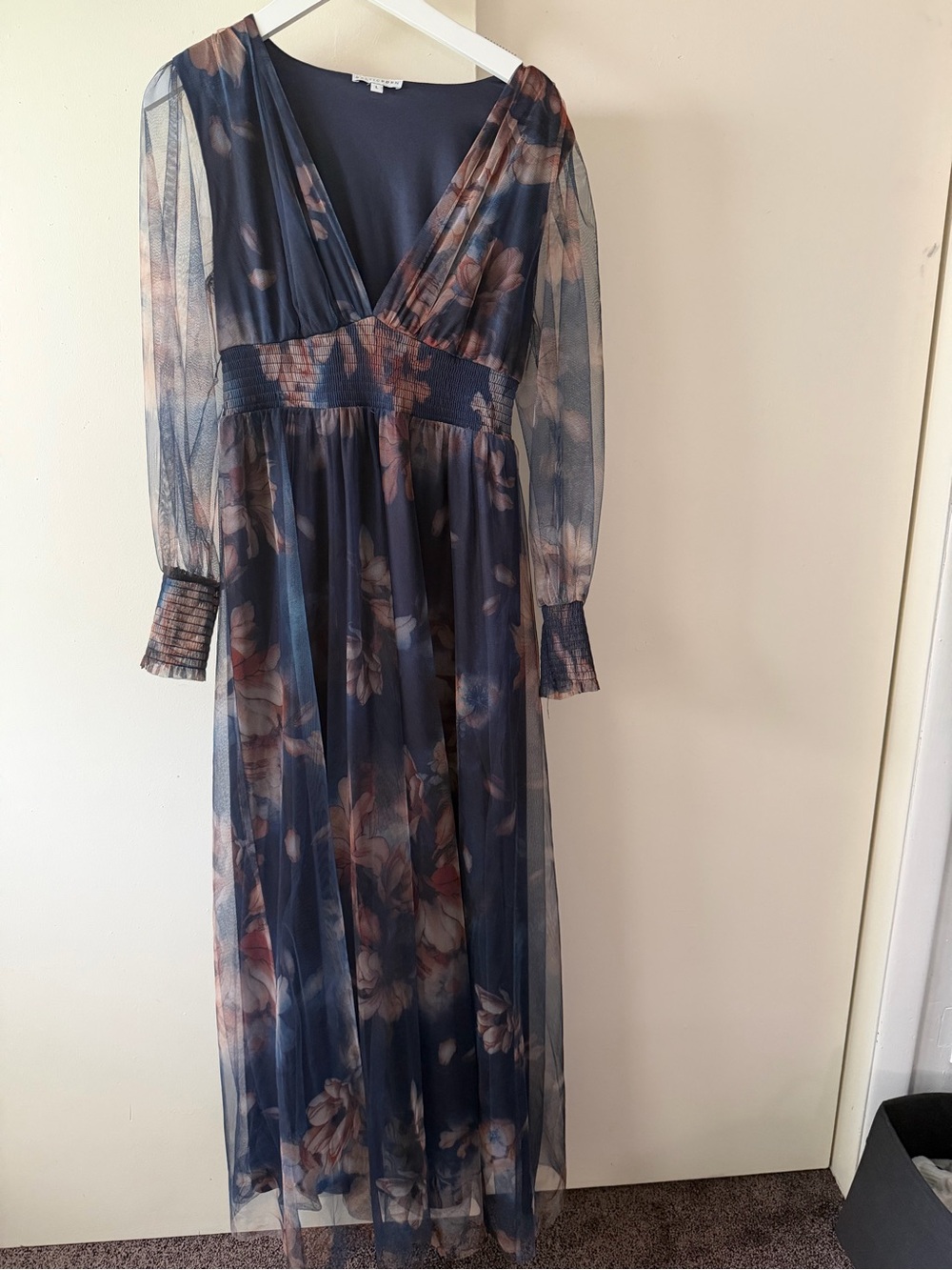 Baltic Born Navy Floral Mesh V‑Neck Maxi Dress